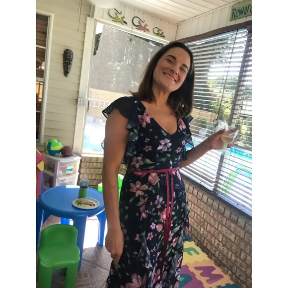 Marchesa Notte Blue Floral Chiffon Midi Gown Size 12 Flutter Sleeve Formal - Picture 8 of 15